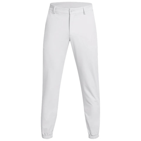 White pants with a slim fit and elastic cuffs are displayed standing upright against a neutral background showcasing a simple and clean design suitable for casual or athletic wear.