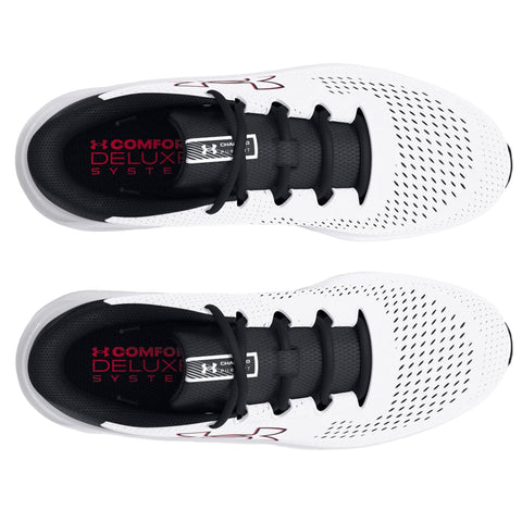 White athletic shoes display perforated design and black laces. The interior features red text stating COMFORT DELUXE SYSTEM. The shoes are shown from a top-down perspective against a neutral background.