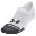 A white athletic sock with a gray toe area features a black logo and stripe detailing while lying against a plain background suggesting a focus on the sock's design and functionality.