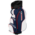 A golf bag stands upright featuring a navy blue design with white and red accents various pockets for accessories and a labeled top section for easy club storage.