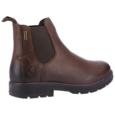 A brown leather Chelsea boot stands upright showcasing a sleek design with elastic side panels and a pull tab at the back set against a plain white background.