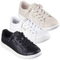 Three pairs of sneakers in black white and beige are neatly arranged with laces tied showing contrasting colors and designs suitable for casual wear on a plain background