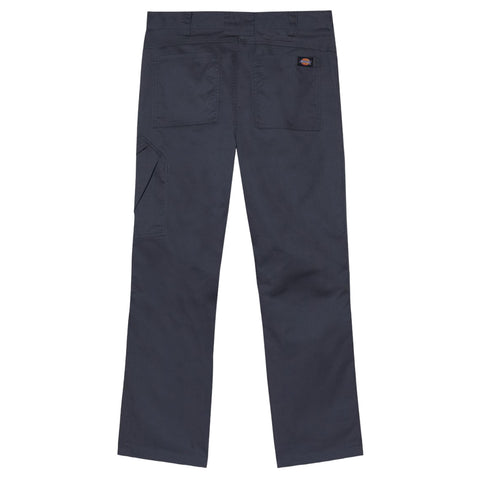 Dark-colored cargo pants are displayed folded flat showcasing multiple pockets and a brand label at the back with a simple and sturdy design suitable for work or casual wear.