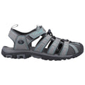 A gray and blue sandal features a sturdy rubber sole and a strappy upper design with adjustable bungee cord closure suitable for outdoor activities on varied terrain.