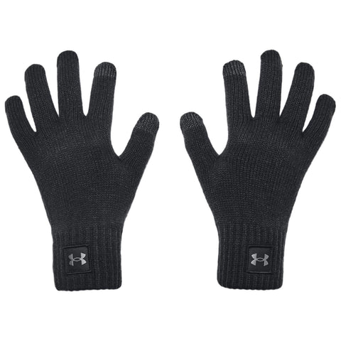 Black knitted gloves are displayed with five fingers visible each showcasing a ribbed cuff and a logo patch on the wrist area indicating brand presence and readiness for cold weather activities.