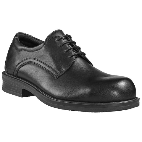 A black leather dress shoe is shown with a smooth finish and sturdy sole it has a laced upper with a rounded toe designed for formal or professional settings