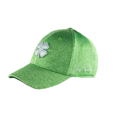 A green baseball cap features a light gray embroidered four-leaf clover on the front and the text Live Lucky on the side, suggesting a casual and cheerful style.