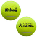 A yellow ball labeled with "Wilson" and "Premier PADEL" is shown. It appears designed for paddle sports, characterized by its felt surface and distinctive markings.