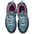 A pair of blue-grey hiking shoes with pink and turquoise accents features durable material and a sturdy sole displayed from a top view in a neutral background.