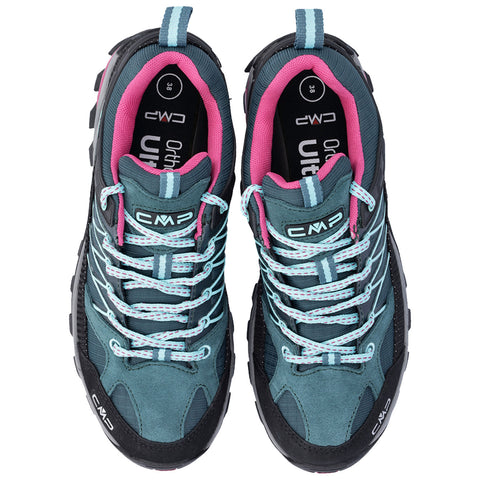 A pair of blue-grey hiking shoes with pink and turquoise accents features durable material and a sturdy sole displayed from a top view in a neutral background.