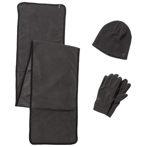 A dark gray scarf sits flat next to a matching beanie and pair of gloves on a light background. The items are designed for warmth in cold weather.