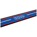 A long blue golf putting mat featuring a white line down the center and bordered by red and black edges with the word IZZO printed prominently.