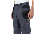 Gray work pants with multiple pockets and straps on the sides are worn by a person standing. The pants are designed for utility in a practical work environment.