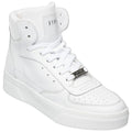 A white high-top sneaker features a textured leather finish and multiple lace holes. The sneaker is positioned upright against a plain background, emphasizing its sleek design.