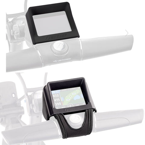 A screen holder attaches to a handlebar displaying a map interface while a blank holder rests above it. The setup appears designed for navigation on a motorized device like a golf trolley.