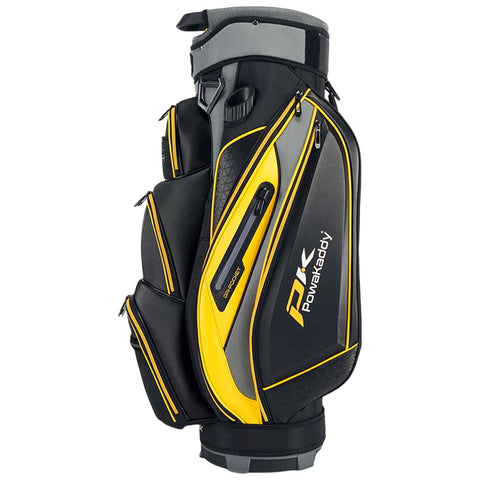 A golf bag stands upright featuring a sleek black and yellow design with multiple zippered compartments for storing clubs and accessories in a well-organized manner.