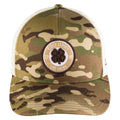 A camo-patterned baseball cap sits upright featuring a round patch with a four-leaf clover and text that reads BLACK CLOVER 2008 LIVE LUCKY against a neutral background