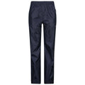 Navy rain pants are displayed upright with an elastic waistband and tapered cuffs at the ankles in a minimalistic setting against a neutral background.