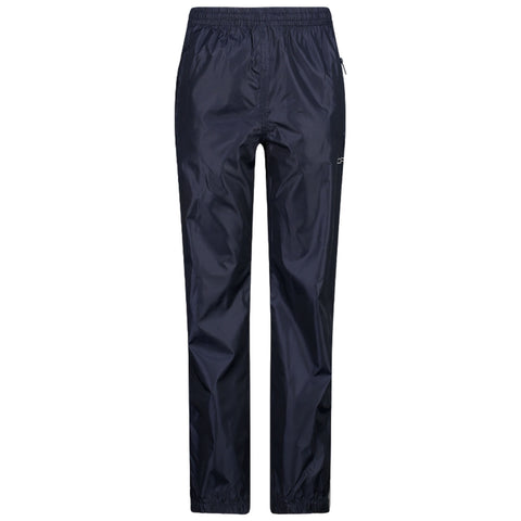 Navy rain pants are displayed upright with an elastic waistband and tapered cuffs at the ankles in a minimalistic setting against a neutral background.