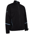 A black jacket stands upright showcasing a zippered front and high collar with light blue accent stripes and branding on the sleeve suitable for outdoor activities in cool weather.