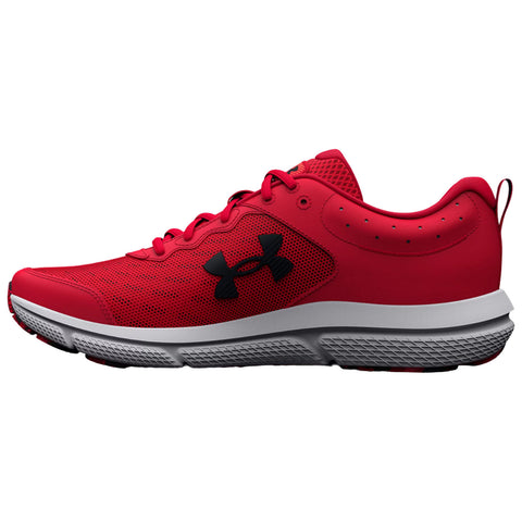 A red athletic shoe with black accents features a breathable upper and a textured sole designed for support and traction in various activities. The context is a clean white background.