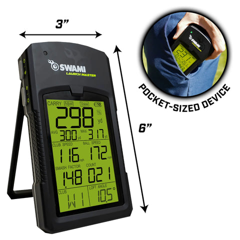 A pocket-sized device displays golf swing metrics including carry distance and club speed while being held in a person's pocket in an outdoor setting. Dimensions noted are 3 inches wide and 6 inches tall.