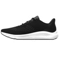 A black athletic shoe features a breathable upper material and a white outsole designed for comfort and support while running or exercising on various surfaces.