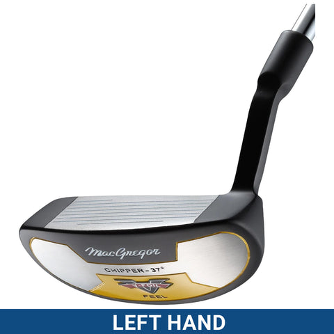 A golf chipper is positioned upright showing a textured striking surface and a shiny finish labeled with MacGregor and CHIPPER 37°. The context includes a blue banner stating LEFT HAND.