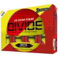 A colorful box contains six golf balls with a bright red and yellow split design showcasing the Srixon brand name and product details highlighting visual performance and material features.