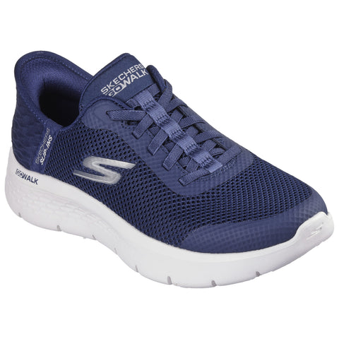 A navy blue athletic shoe with a mesh upper and white sole sits in a neutral space highlighting its design and features including a logo on the side and laces on the front