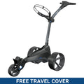 A golf trolley with large wheels and a handle is positioned upright showing its sleek design and sturdy construction it is highlighted by a banner stating FREE TRAVEL COVER