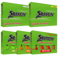 Srixon golf ball packaging displays various colored boxes featuring the text "SOFT FEEL" and "Superior Soft Feel Longer Distance" on a bright green background with different color options represented.