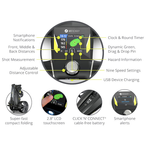 A golf trolley with a digital display shows distance measurements and smartphone notifications. It includes features like shot measurement and USB charging in a sleek, compact design suitable for golfing.