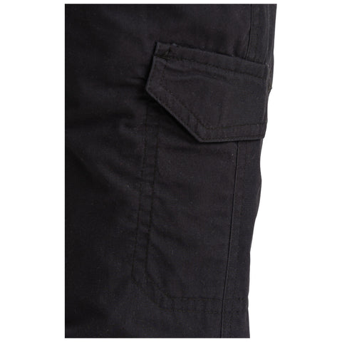 A close-up of a black fabric cargo pocket on pants showing stitching details and a flap for securing items in a casual or work clothing context