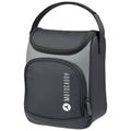 A black and gray insulated bag with a rounded top and a zippered front pocket is designed for carrying food or drinks with a handle on top for easy transport