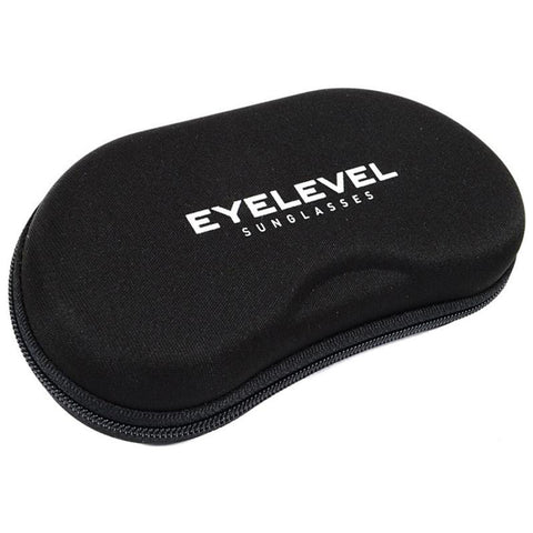 A black zippered case with a smooth surface displays the brand name EYELEVEL and the word SUNGLASSES is designed to protect sunglasses in various environments such as homes or outdoor activities