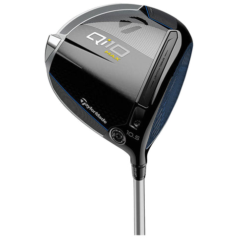 A golf driver with a sleek black and blue design is angled for display showcasing its brand TaylorMade and specifications including QiD Max and 10.5 degrees on the club head.