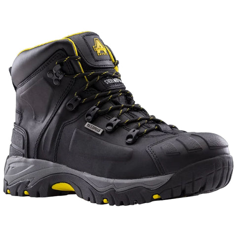 A black waterproof boot features yellow accents and durable materials with laces. It is designed for rugged outdoor use, suitable for various challenging terrains.