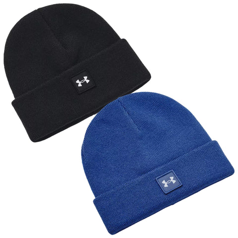 Two beanie hats are displayed the top one is black and the bottom one is blue each features a logo patch located on the front.