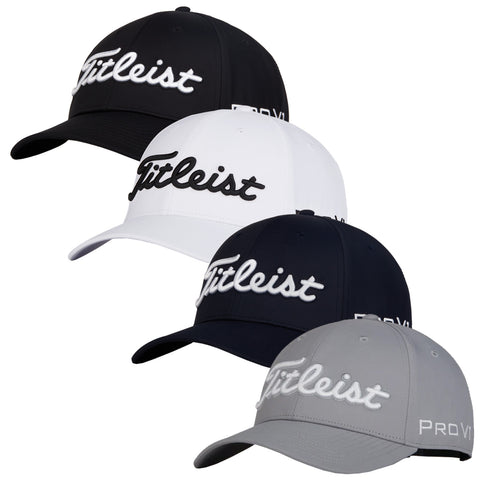 Four golf caps are displayed in a stacked arrangement showcasing different colors including black white navy and gray each featuring the embroidered logo Fitlist and the text PRO V1 on the side