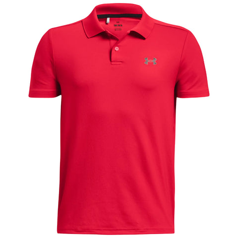 A vibrant red polo shirt is displayed prominently hanging against a neutral background featuring a collar and buttons with a gray logo on the left chest area.