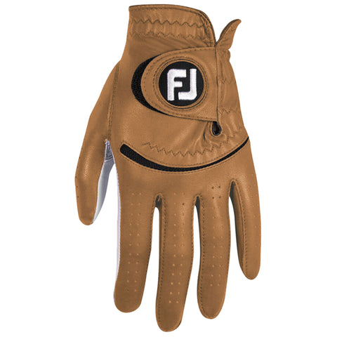 A brown golf glove is positioned upright showing its palm and fingers with perforations for breathability featuring a circular logo labeled FJ on the back and a Velcro strap for adjustment.