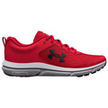 Bright red athletic shoe featuring a mesh upper with black accents and a white sole designed for running. It is angled to show off its profile and design details.