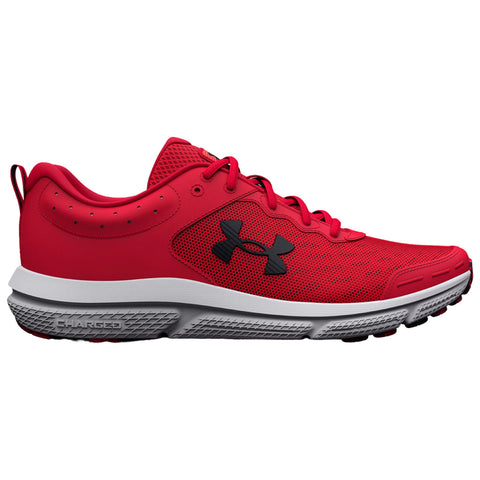 Bright red athletic shoe featuring a mesh upper with black accents and a white sole designed for running. It is angled to show off its profile and design details.