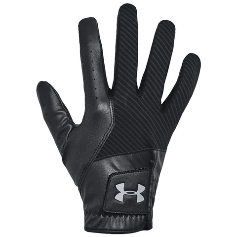 A black golf glove with a textured surface and leather accents is displayed against a plain background showcasing its design features and logo.