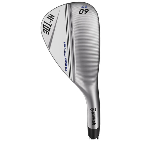 A golf wedge with a shiny silver finish rests upright displaying its sharp grooves and intricate milling on the head while the handle is sleek and rounded for grip.