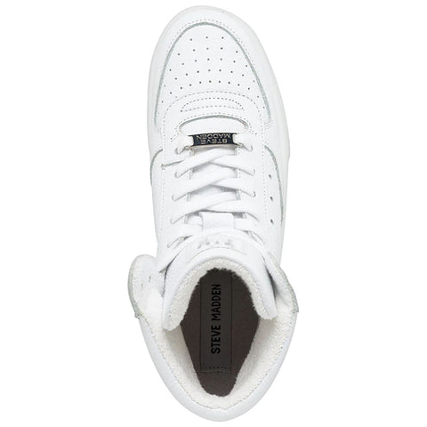 A white high-top sneaker is centered with laces pulled tightly against the tongue featuring perforations and branding while resting on a flat surface, showcasing a minimalist design.