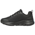 A black athletic shoe features a mesh upper and padded collar with a flexible sole designed for comfort during physical activity in casual or workout settings.