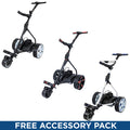 Three electric golf carts are displayed in various designs showcasing a black and red model a black model and a white model all set against a plain background with text stating FREE ACCESSORY PACK.