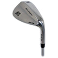 A shiny golf wedge is positioned at an angle showcasing its curved face and sleek design featuring engravings for model and specifications indicating it is suitable for short game shots.